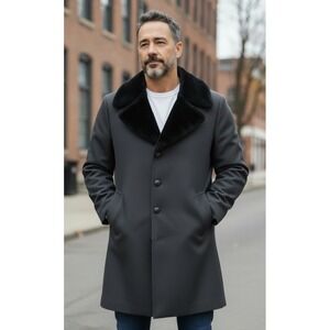 Vintage London Fog Faux Fur Lined Black Trench Coat Men's Bust Size 52 Preppy